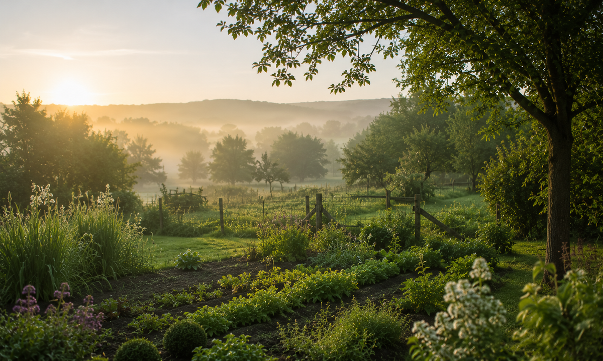 Jardin de campagne au lever du jour — Univers Découverte